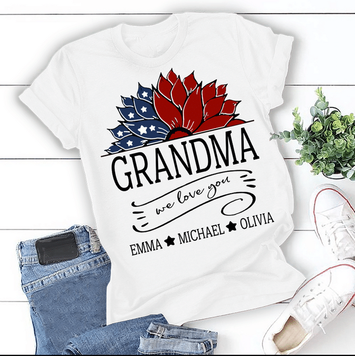 Personalized T-Shirt For Grandma American Sunflower Printed Custom Grandkids Name We Love You Shirt