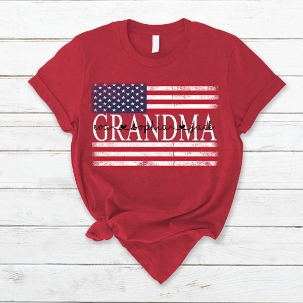 Personalized T-Shirt For Grandma American Flag Printed Red White Blue Shirt Custom Grandkid's Name Patriotic Shirt