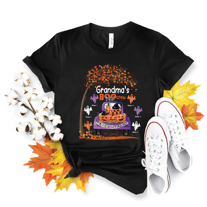 Personalized T-Shirt Grandma's Bootiful Crew Pumpkin Truck Ghost & Maple Tree Custom Grandkid's Name Halloween Shirt