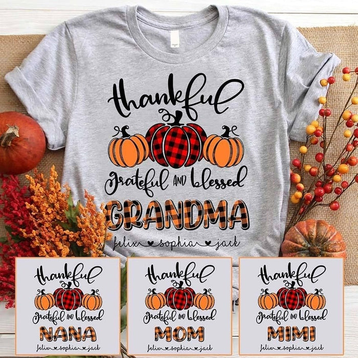 Personalized T-Shirt For Grandma Thankful Grateful And Blessed Pumpkin Printed Checkered Pattern Custom Grandkids Name
