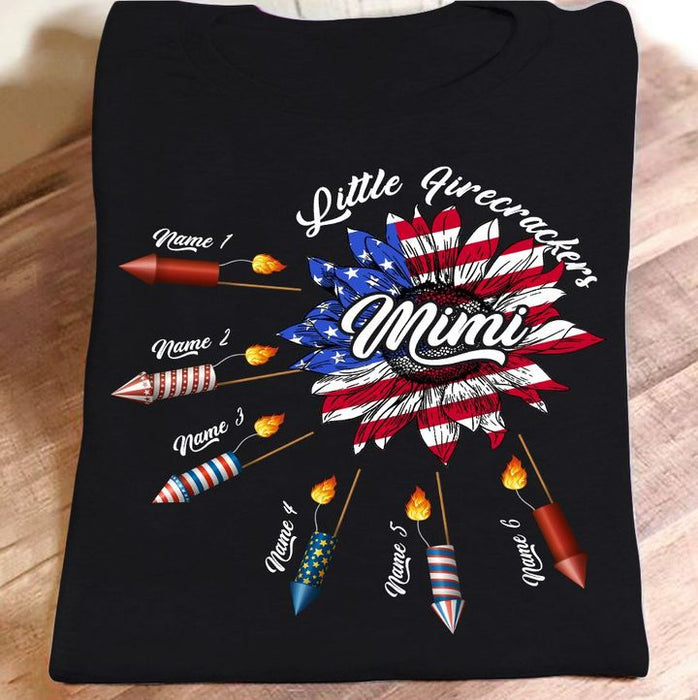 Personalized T-Shirt For Grandma Mimi Little Firecrackers American Sunflower Printed Custom Grandkid's Name