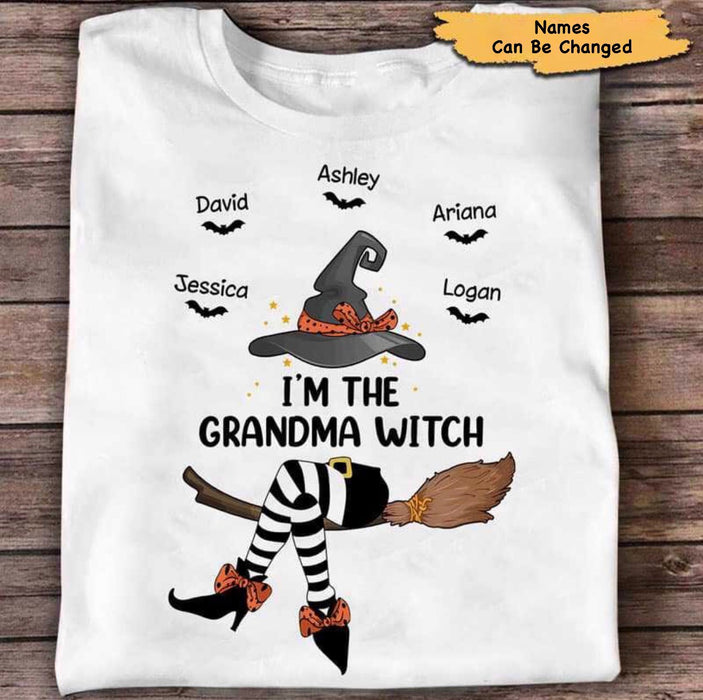 Personalized T-Shirt I'm The Grandma Witch Flying Witch And Broom Printed Custom Grandkids Name Shirt For Halloween