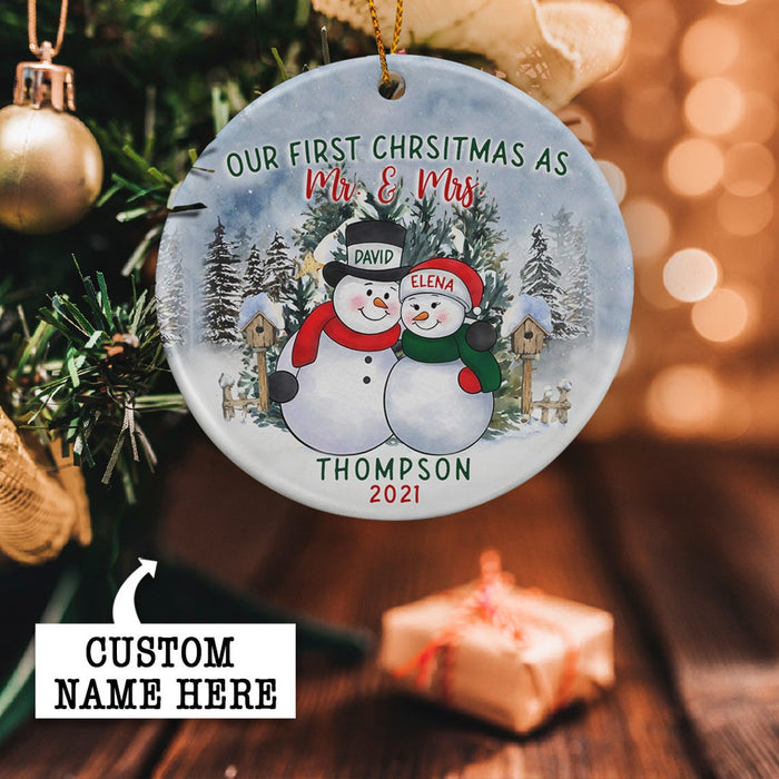 Personalized Circle Ornament For Newlywed Our First Christmas As Mr & Mrs Cute Snowmen Couple Printed Custom Name