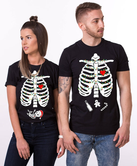 Christmas Pregnancy Announcement T-Shirt  For Couples Funny Skeleton Shirt Maternity Couple Matching Shirt
