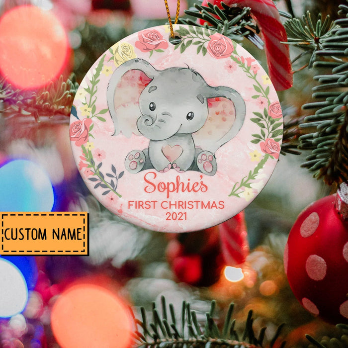 Personalized Circle Ornament Baby's First Christmas Custom Name & Year Cute Baby Elephant & Flower Wreath Printed