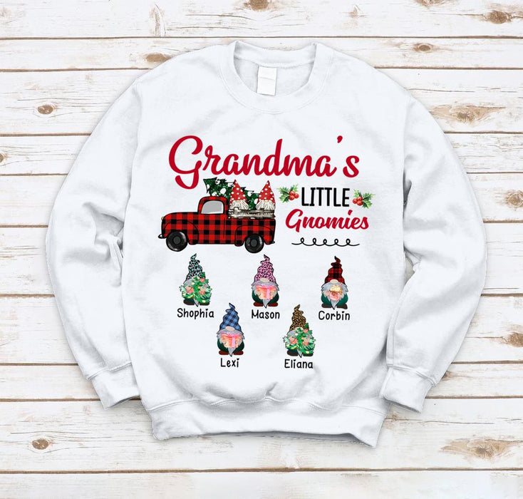 Personalized Sweatshirt Grandma's Little Gnomies Print Plaid Truck & Cute Gnome Custom Grandkids Name