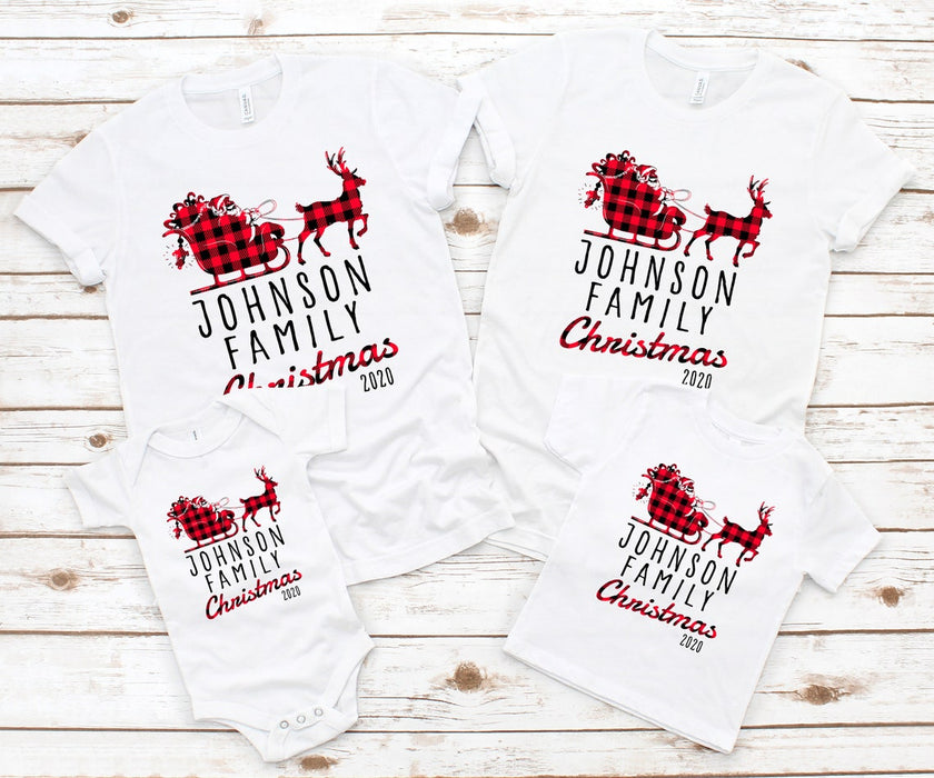 Personalized Santa Sleigh And Reindeer Shirt Matching Customized Christmas Family Shirts Buffalo Plaid Family Name