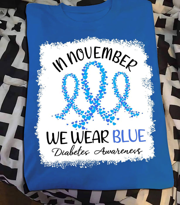 Classic Unisex T-Shirt For Diabetes Cancer Awareness In November We Wear Blue Ribbon Printed Cancer Support Shirt