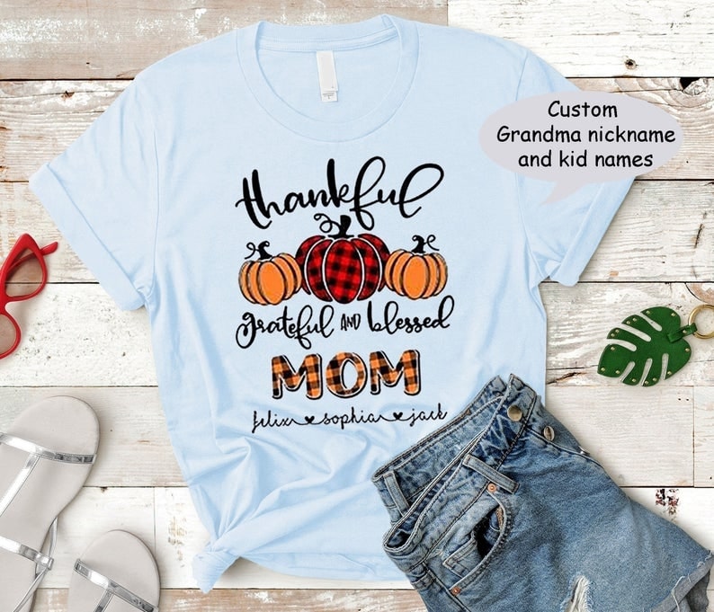 Personalized T-Shirt For Grandma Thankful Grateful And Blessed Pumpkin Printed Checkered Pattern Custom Grandkids Name