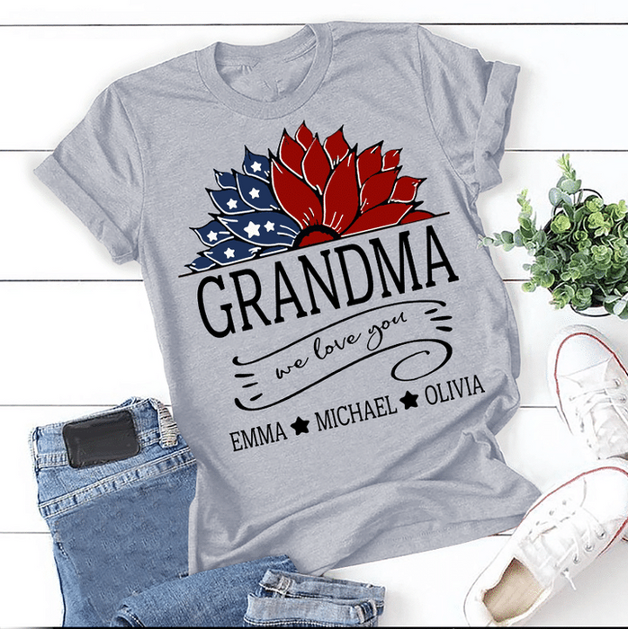 Personalized T-Shirt For Grandma American Sunflower Printed Custom Grandkids Name We Love You Shirt