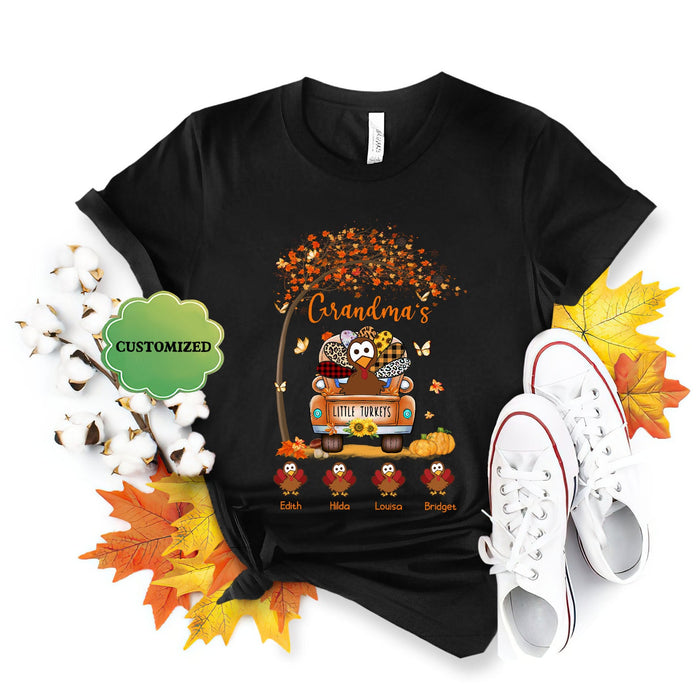 Personalized T-Shirt Grandma's Little Turkey Cute Truck With Pumpkin Sunflower Printed Custom Grandkids Name Fall Shirt