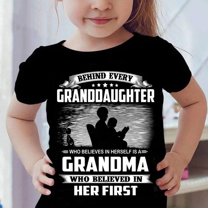 Classic T-Shirt For Kids Behind Even Granddaughter Who Believes In Herself Is A Grandma Old Woman & Baby Printed