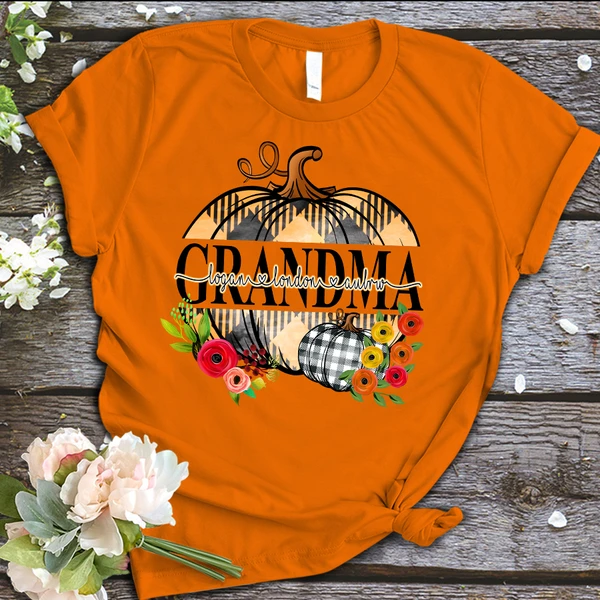 Personalized T-Shirt For Grandma Checkered Pumpkin With Flower Printed Custom Grandkids Name Shirt For Halloween