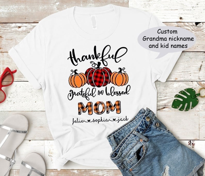 Personalized T-Shirt For Grandma Thankful Grateful And Blessed Pumpkin Printed Checkered Pattern Custom Grandkids Name