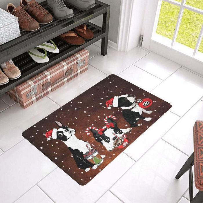 Welcome Doormat For Christmas Cute Boston Terrier Dog Printed With Hat Candy Tree Snow Front Doormat For Home Decor