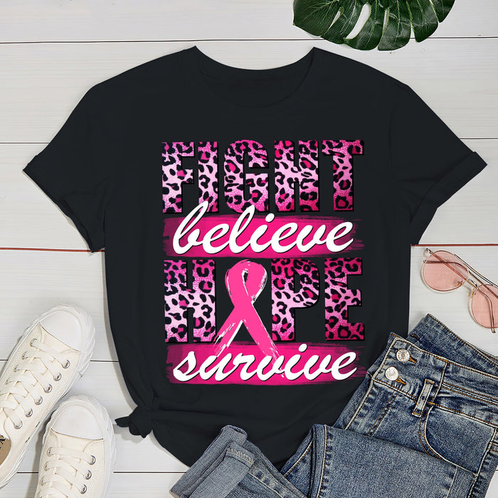 Leopard Fight Believe Hope Survive T-shirt For Girl Women Breast Cancer Awareness Tee Pink Ribbon Cheetah Print Shirts