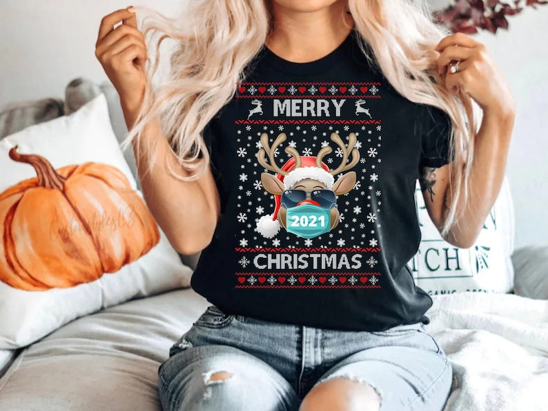 Personalized Unisex T-Shirt For Men Women Merry Christmas 2021 Cute Reindeer Wearing Mask Funny Christmas Ugly Shirt