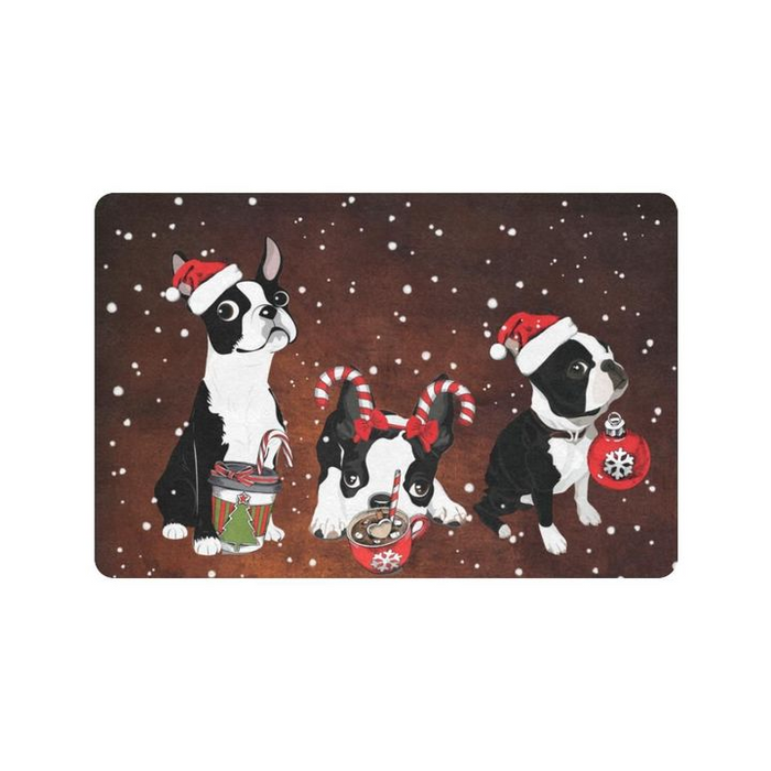 Welcome Doormat For Christmas Cute Boston Terrier Dog Printed With Hat Candy Tree Snow Front Doormat For Home Decor
