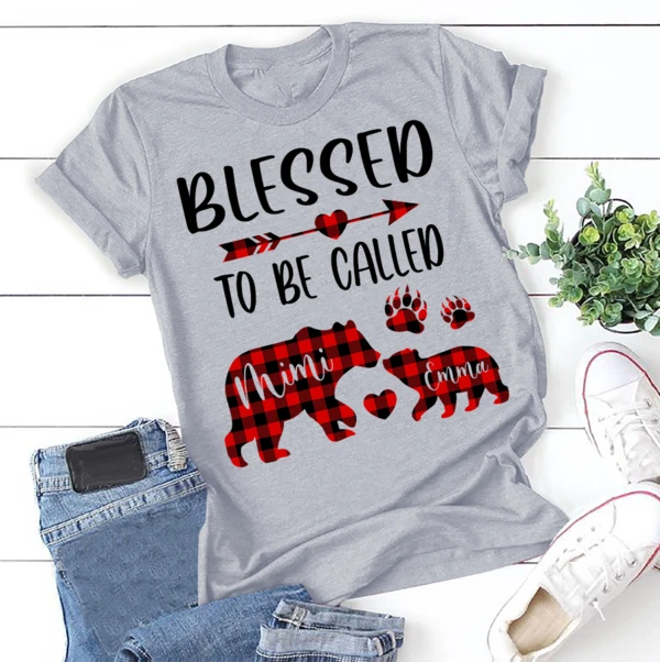 Personalized T-Shirt For Grandma Blessed To Be Called Mimi Red Plaid Bear Custom Grandkids Name