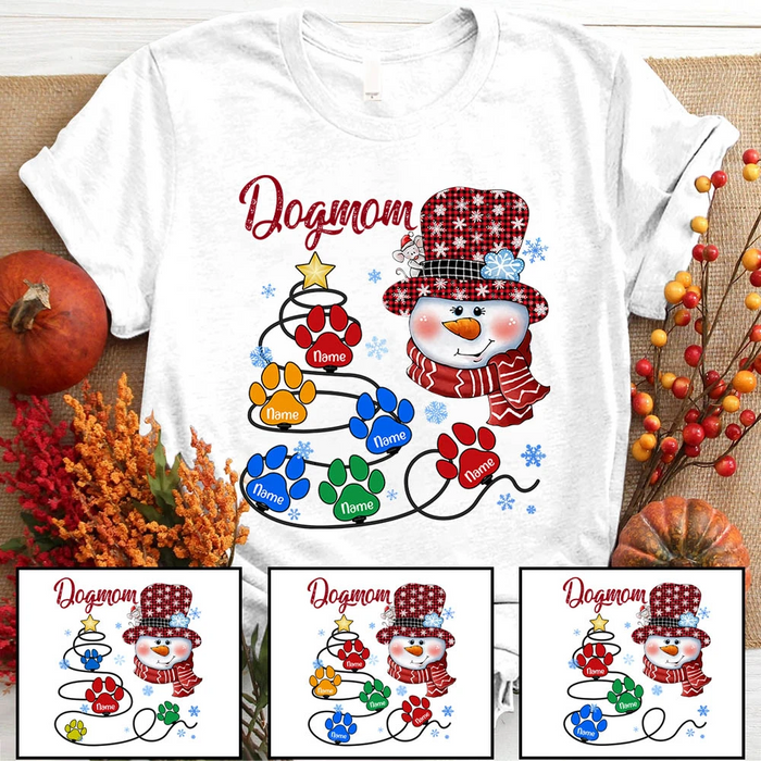 Personalized T-Shirt For Dog Lovers Dog Mom Cute Snowman & Dog Paws Printed Custom Dog's Name Red Buffalo Plaid Design