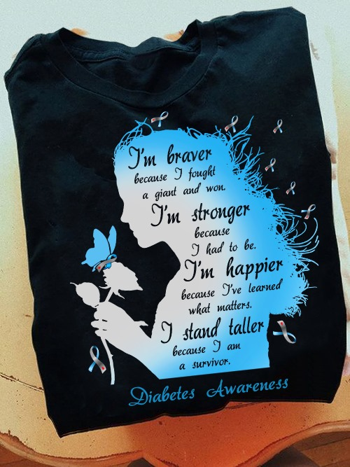Diabetes Awareness T-Shirt For Woman Girl I'm Braver Because I Fought A Giant And Won Shirt Blue Ribbon With Butterfly