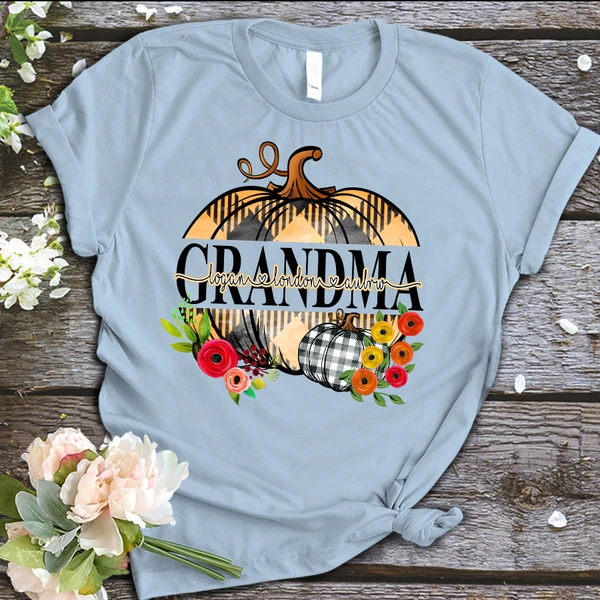 Personalized T-Shirt For Grandma Checkered Pumpkin With Flower Printed Custom Grandkids Name Shirt For Halloween