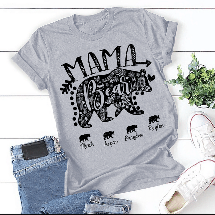 Personalized T-Shirt For Mom Grandma Mama Bear Cute Bears Printed Custom Grandkids Name Shirt For Mother'S Day