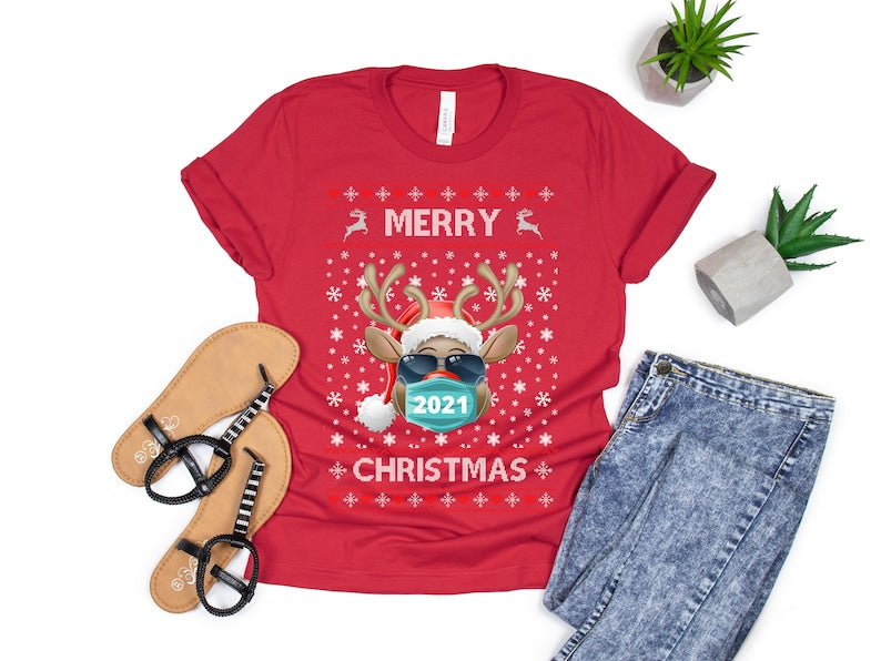 Personalized Unisex T-Shirt For Men Women Merry Christmas 2021 Cute Reindeer Wearing Mask Funny Christmas Ugly Shirt