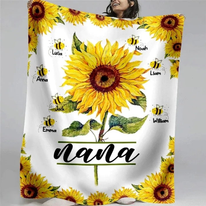 Personalized Fleece Blanket For Grandma Nana Sunflower With Cute Bees Printed Custom Grandkids Name Floral Design