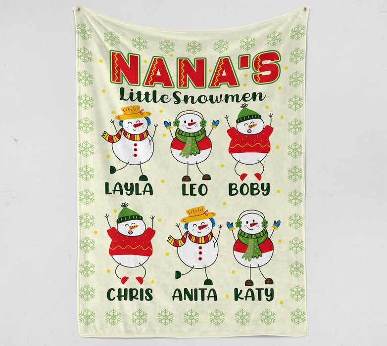 Personalized Blanket For Grandma Nana'S Little Snowmen Cute Snowman & Snowflakes Printed Custom Grandkids Name