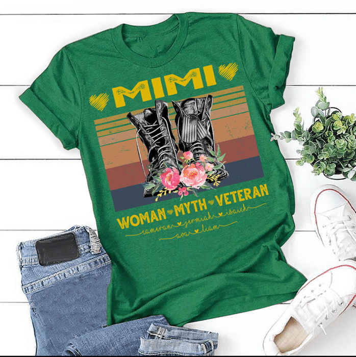 Personalized T-Shirt For Grandma Mimi Woman Myth Veteran Military Combat Boots Printed With Flower Custom Grandkids Name