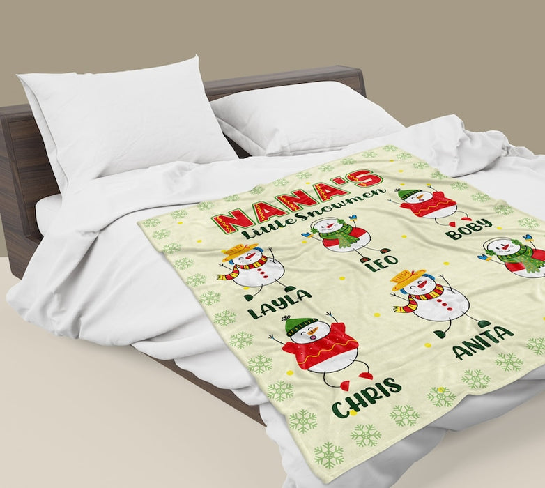 Personalized Blanket For Grandma Nana'S Little Snowmen Cute Snowman & Snowflakes Printed Custom Grandkids Name