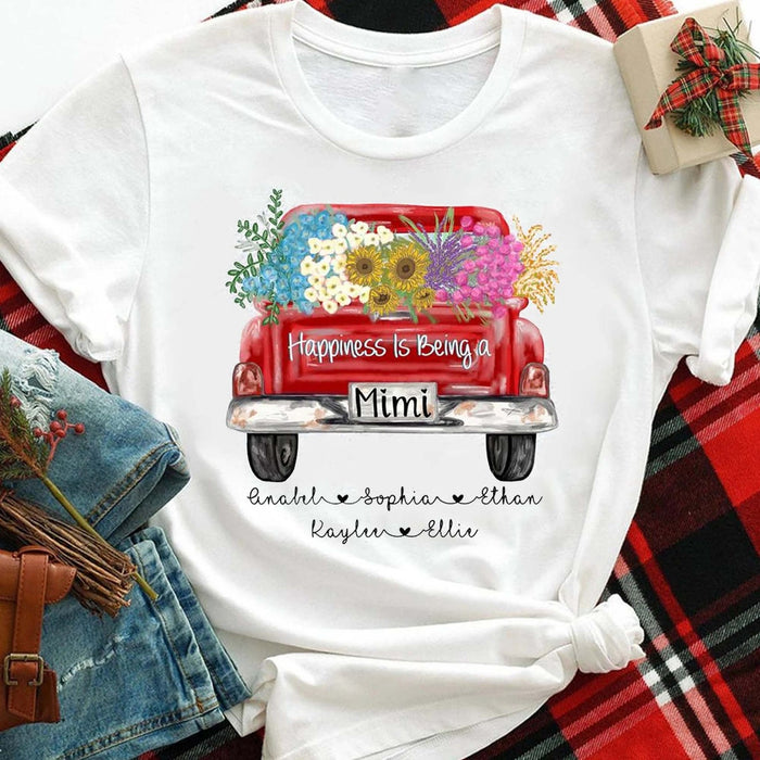 Personalized T-Shirt For Grandma Happiness Is Being A Mimi Flower Truck Printed Custom Grandkids Name