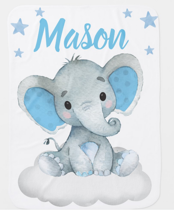 Personalized Baby Blanket Cute Elephant Sitting On Cloud & Blue Stars Printed Custom Name Baby Reveal Blanket