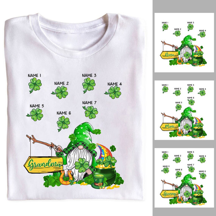 Personalized T-Shirt For Grandma Cute Gnome With Shamrocks & Coins Printed Custom Grandkids Name