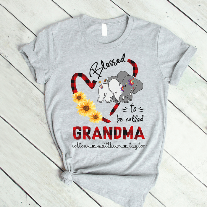 Personalized T-Shirt Blessed To Be Called Grandma Cute Elephant & Sunflower Heart Printed Custom Grandkids Name