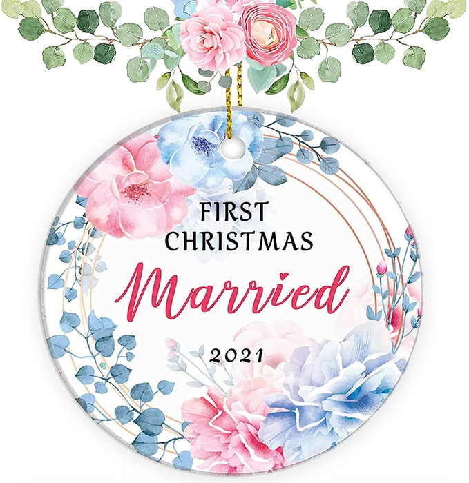 Personalized Ornament Gifts For Newlywed First Christmas Married Sweet Flowers Custom Name Tree Hanging On Anniversary