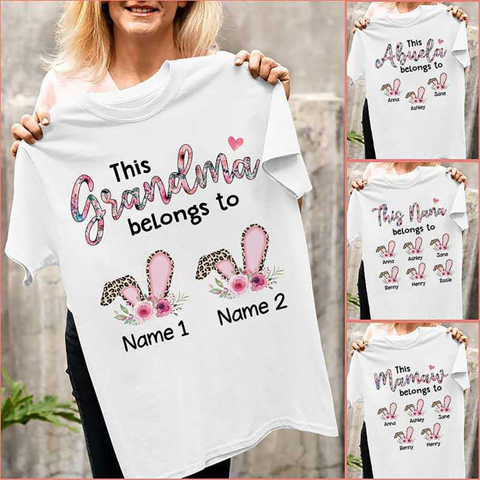 Personalized T-Shirt This Grandma Belongs To Custom Grandkids Name Cute Leopard Bunny & Flower Printed Easter Day Shirt