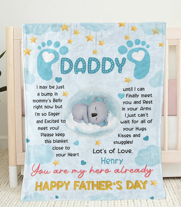 Personalized Fleece Sherpa Blanket From Baby Boy To First Time Dad Cute Koala I Just Can't Wait Custom Name Fathers Day