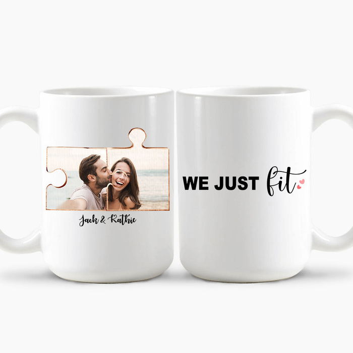 Personalized Coffee Mug Gifts For Couple Him Her Puzzle We Just Fit Custom Name & Photo White Cup For Valentine