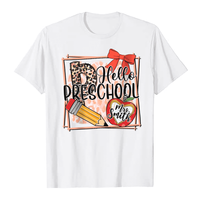 Personalized T-Shirt For Teacher Hello Preschool Leopard Apple Pencil Custom Name Shirt Gifts For Back To School