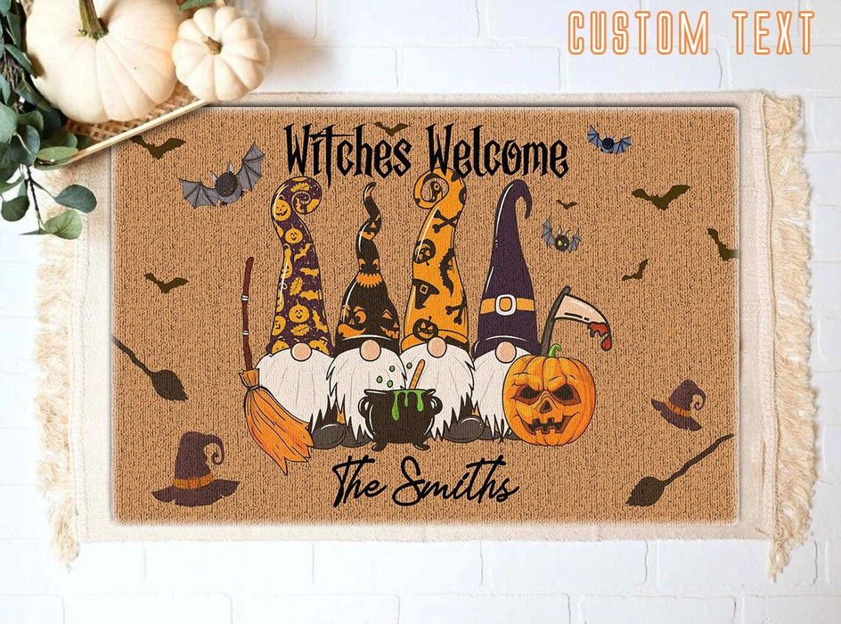 Personalized Doormat Witches Welcome Cute Gnome With Pumpkin Broom & Leaves Printed Custom Family Name Halloween Doormat
