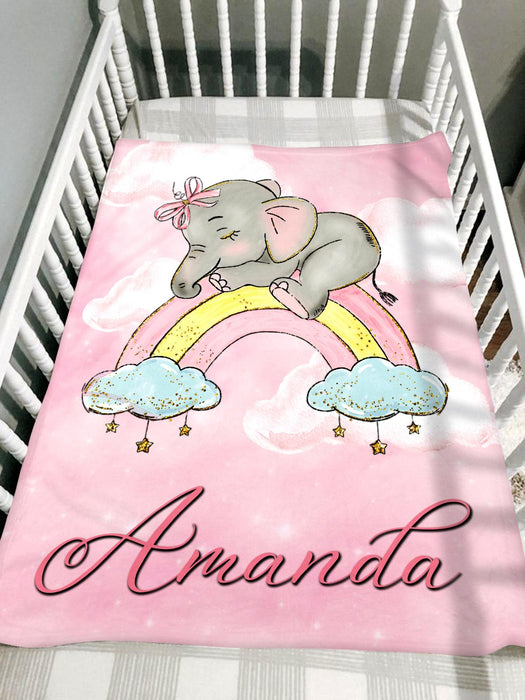 Personalized Baby Blanket For Daughter Cute Elephant Sleeping On The Rainbow Custom Name Baby Reveal Pink Blanket