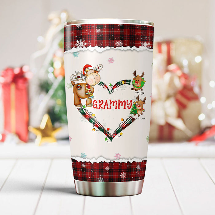 Personalized Tumbler Gifts For Grandma From Grandkids Plaid Colorful Heart Reindeer Custom Name For Christmas
