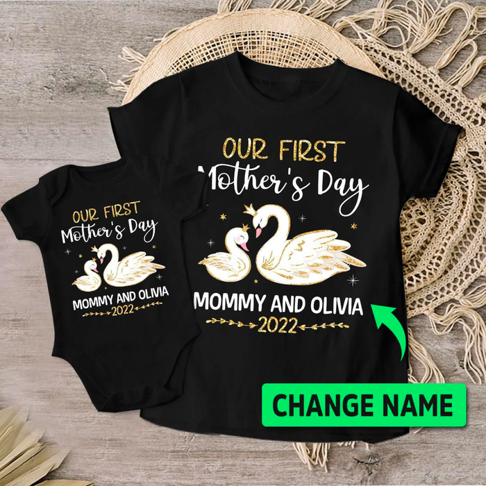 Personalized Matching T-Shirt & Baby Onesie Our First Mother'S Day Mommy & Baby Cute Swan Printed Custom Name