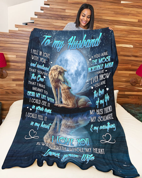 Personalized Blanket To My Husband From Wife I Fell In Love With You Wolf Couple Under The Moon Print Custom Name