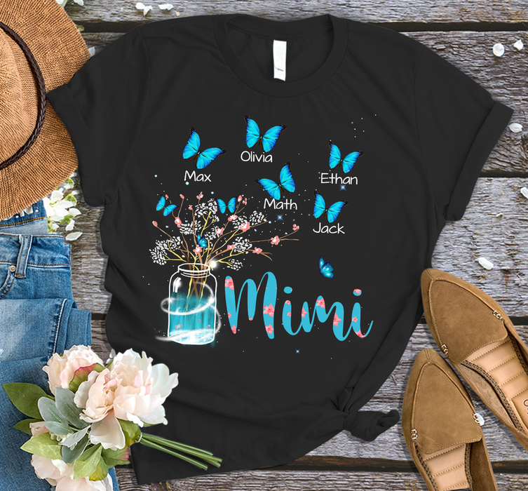 Personalized T-Shirt For Grandma Mimi Vase Of Flower & Blue Butterfly Printed Custom Grandkids Name