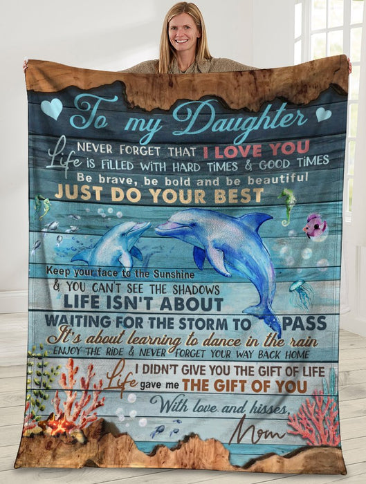 Personalized To My Daughter Fleece Blanket Print Dolphin Wood Design From Mom Never Forget That I Love You Custom Name