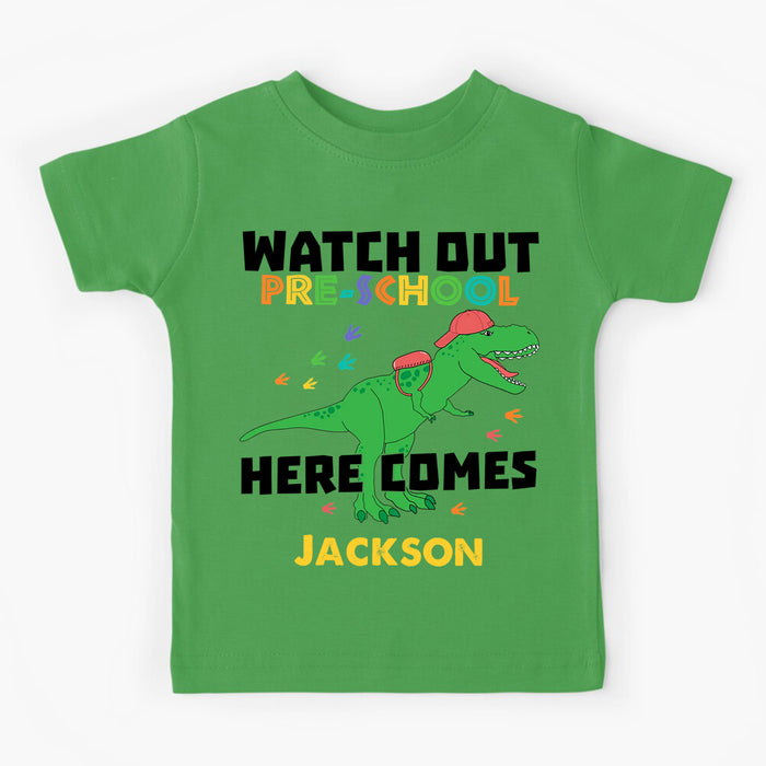 Personalized T-Shirt For Kids Watch Out Pre-School Dinosaur Print Custom Name & Grade Level Back To School Outfit