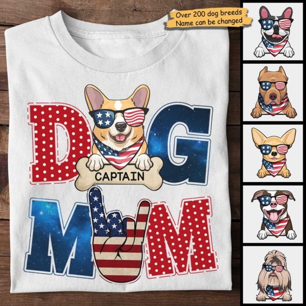 Personalized T-Shirt Dog Mom With Cute Puppy Shirt US Flag Shirt Custom Dogs Name Shirt For Independence Day